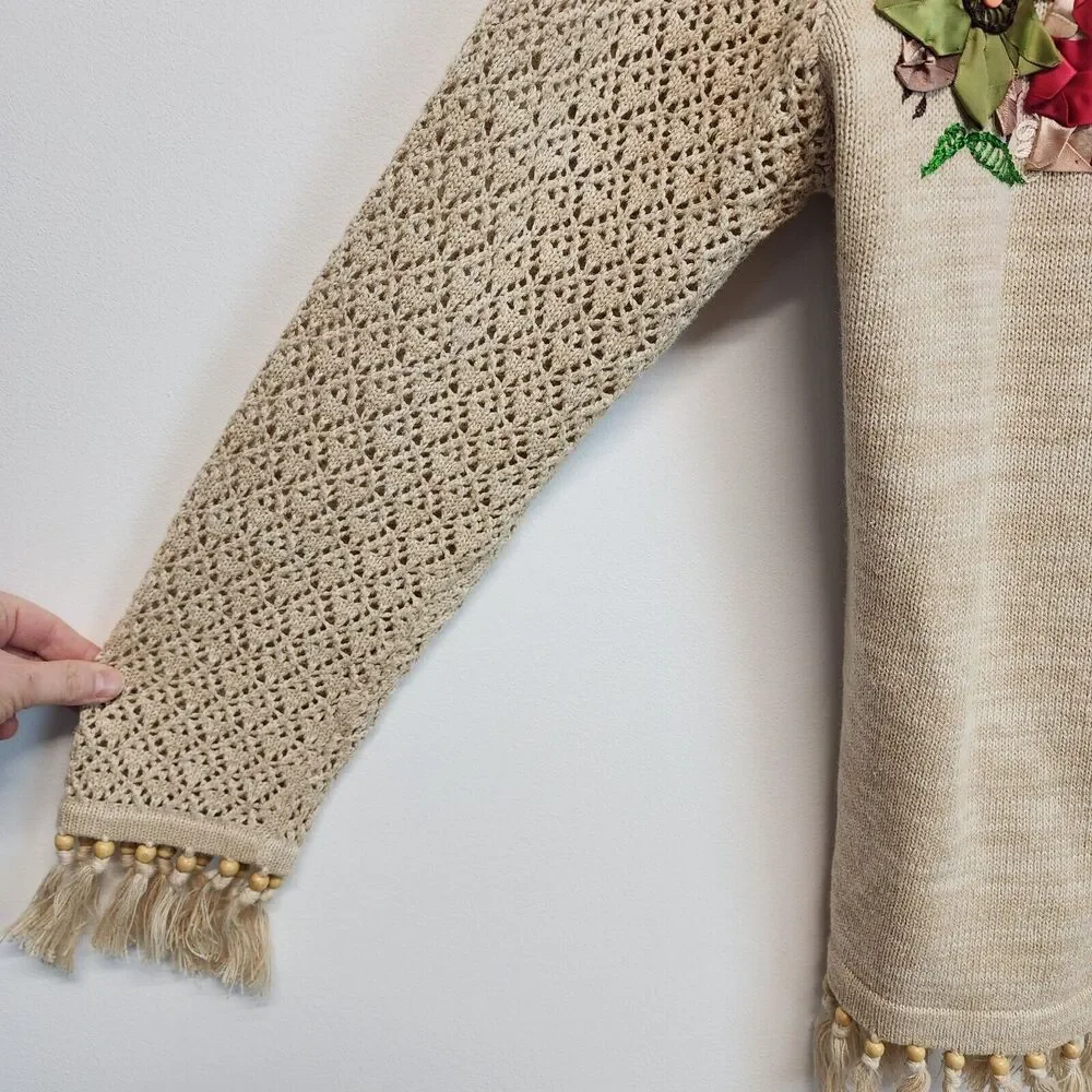Storybook Knits Cardigan Sweater Size M Beige Crochet Fringe Granny Vintage